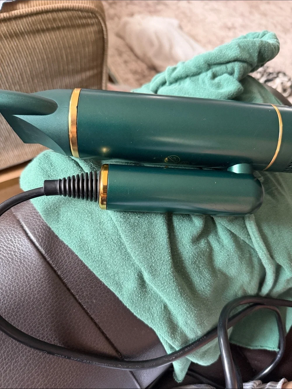 Dry Q SRI LABS. Green Portable Hair Dryer with Gold Accents - See attachment